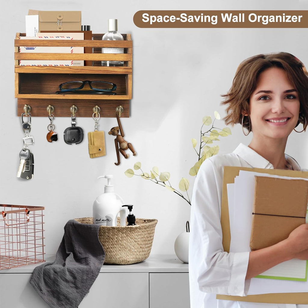 Key Holder Wall Mount with Mail Organizer, 5 Key Hooks, Brown