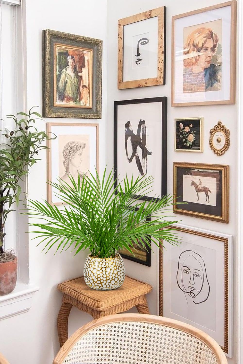 Briful Fake Plants 15'' Faux Palm Plant in Gold-White Pot | Realistic Tropical Artificial Plants Indoor for Home Farmhouse Mini Palm Tree Centerpieces for Tables Outdoors Kitchen Top Decor