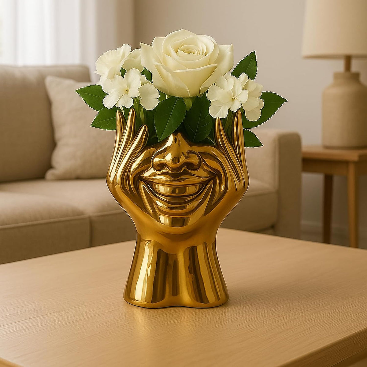 Face Vase Unique Ceramic Vase for Room,Office,Home Decor,Gold,C