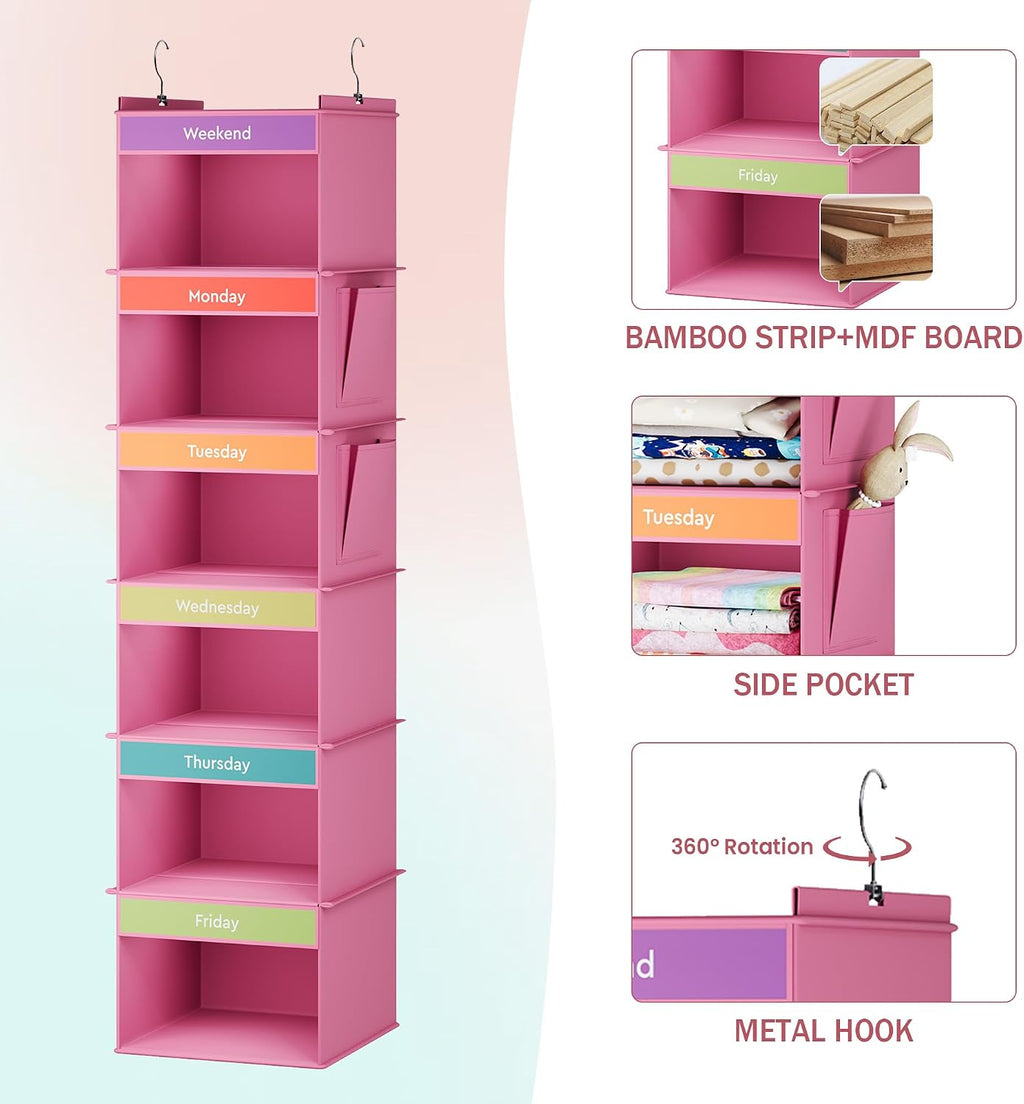 YOUDENOVA Weekly Clothes Organizer for Kids, Hanging Closet Organizer, Pink