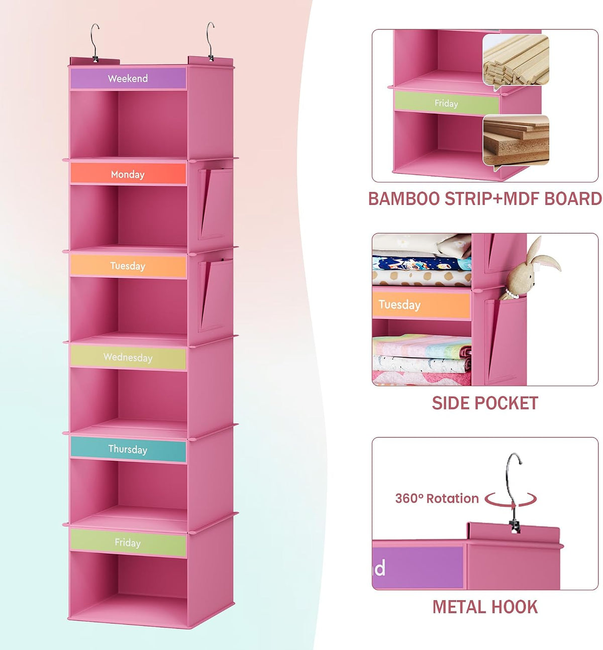 YOUDENOVA Weekly Clothes Organizer for Kids, Hanging Closet Organizer, Pink