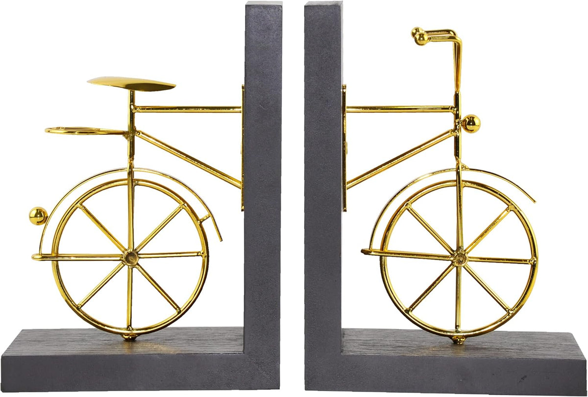 Bicycle Bookend Supports, Decorative Book Stoppers with Non-Skid Bottom, Handcrafted Distressed Wood & Metal Book Stand, Display for Bookshelf Office Desktop, 1-Pair, Golden & Brown