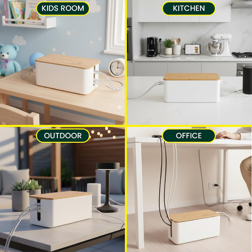 Cable Management Box, 7 Holes, 12x5x4.5 inches, Wooden Lid Cable Organizer Box for Desk to Hide Power Strips, Tv Wires, ABS Material Cord Cover (2 Holes)