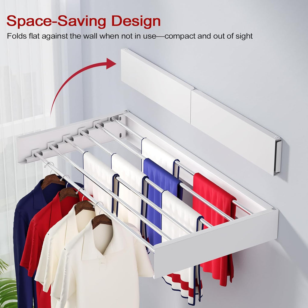 Wall Mounted Drying Rack 40", Foldable Laundry Drying Rack with Stainless Steel Rods, Retractable Laundry Space Saver for Indoor & Outdoor Use, Include Wall Template