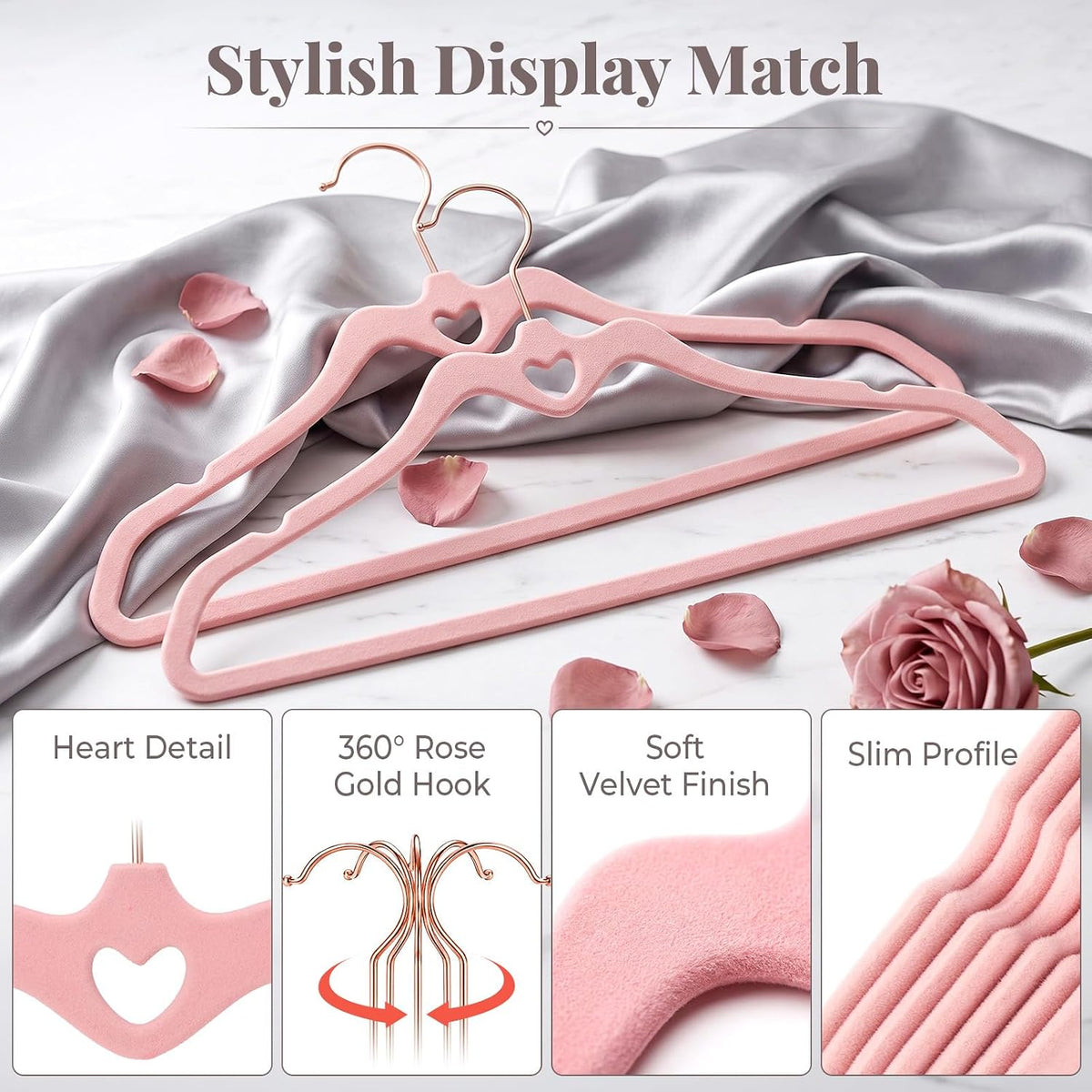 HOUSE DAY Pink Velvet Hangers 120 Pack, Non Slip Felt Hangers Heart-Shaped
