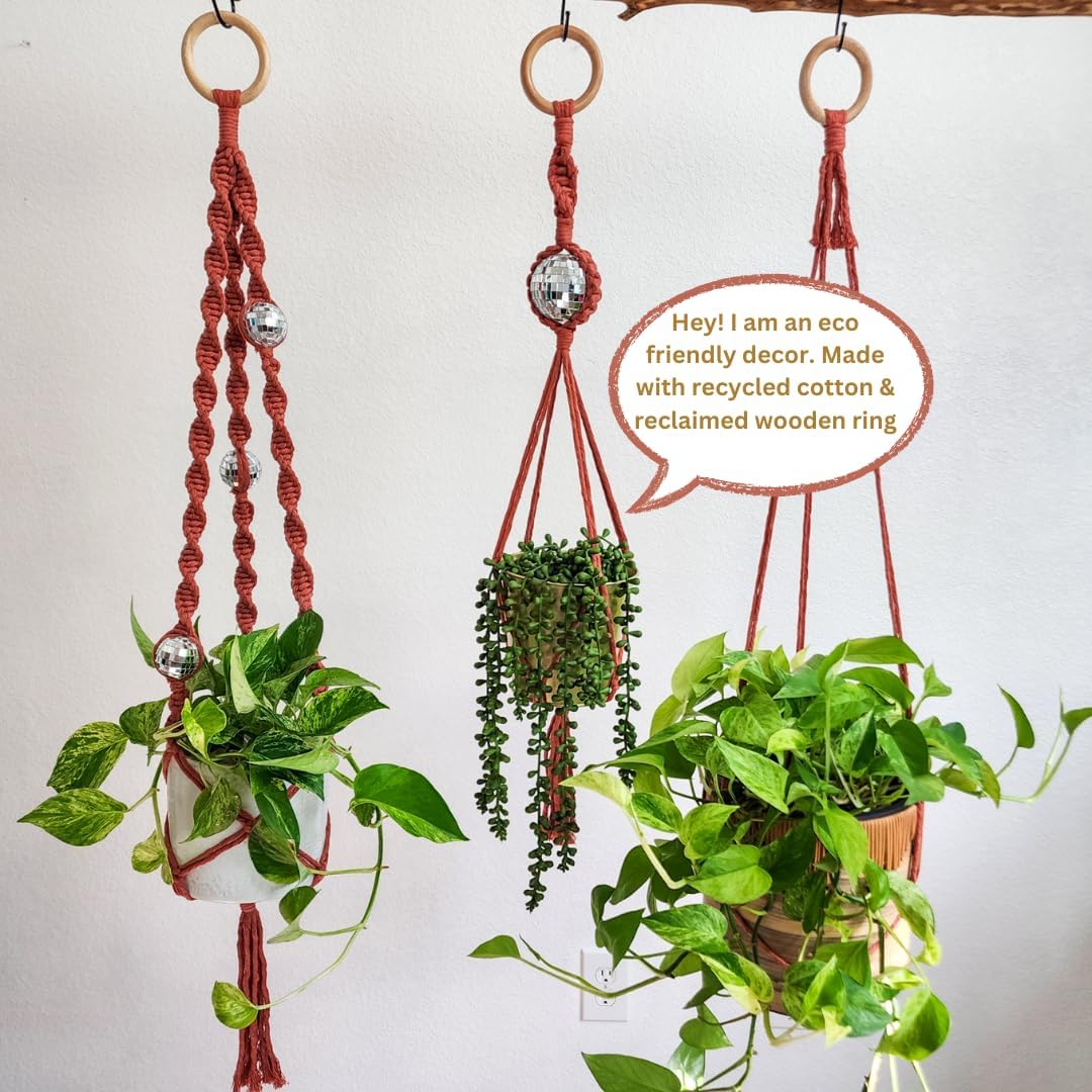 Set of 3 Macrame Plant Hanger | Disco ball decor Hanging planters for indoor plants Cool gifts for plant lovers Boho plant pots plant stand indoor Hanging planters for outdoor plants (Cafe Latte)