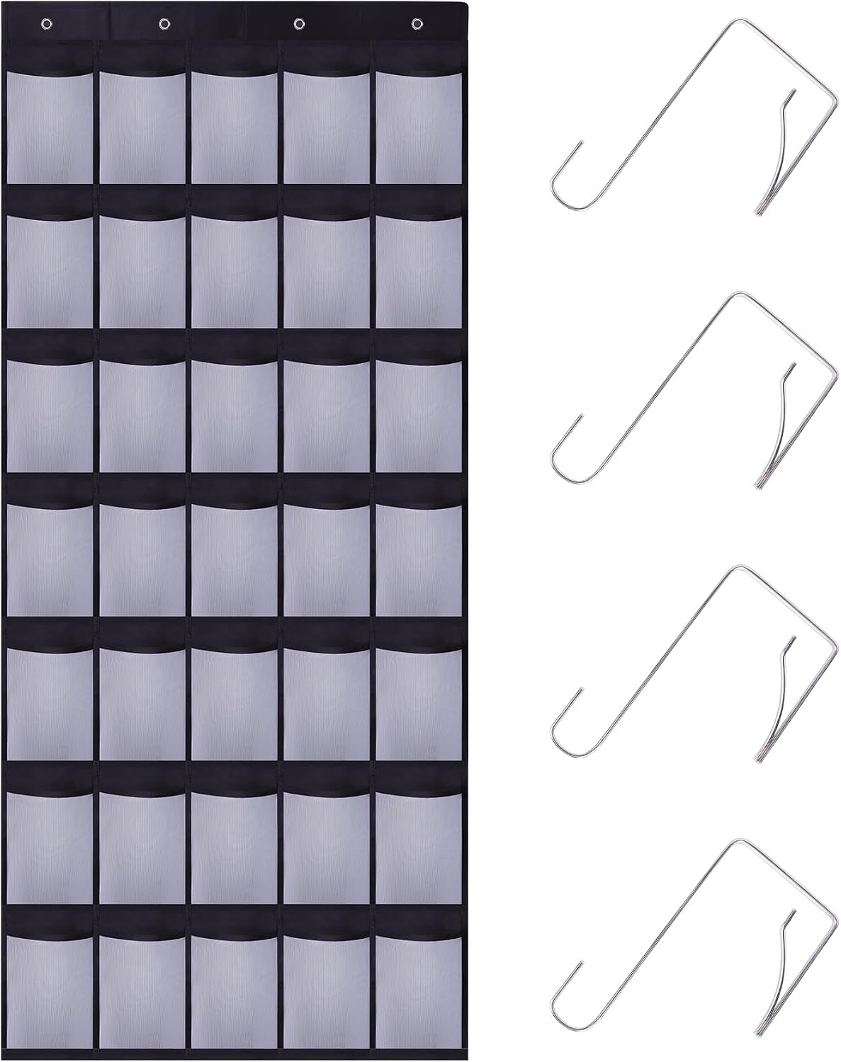 35 Pocket Over Door Shoe Organizer with 4 Metal Hooks（Black-White）