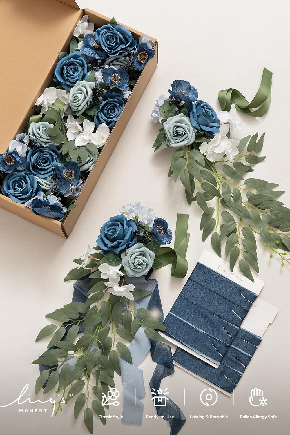 Ling's moment 8pcs Wedding Artificial Aisle Pew Flowers, Dusty Blue & Navy