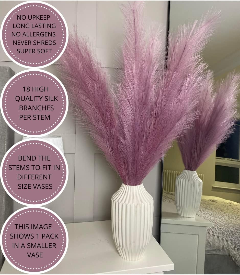 Lilac Purple Fake Artificial Faux Pampas Grass Large Bundle 3 Tall 115cm 45" Extra Fluffy Stems 18 Decorative Branches Artificial Floor Plant Vase Fillers Boho Chic White Home Living Room Decor