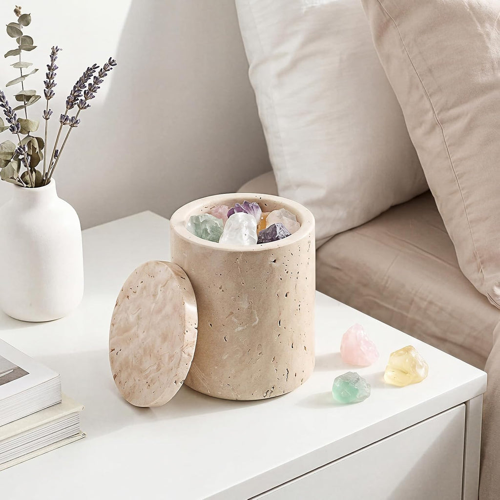 Travertine Qtip Holder with Lid Natural Bathroom Canister Storage