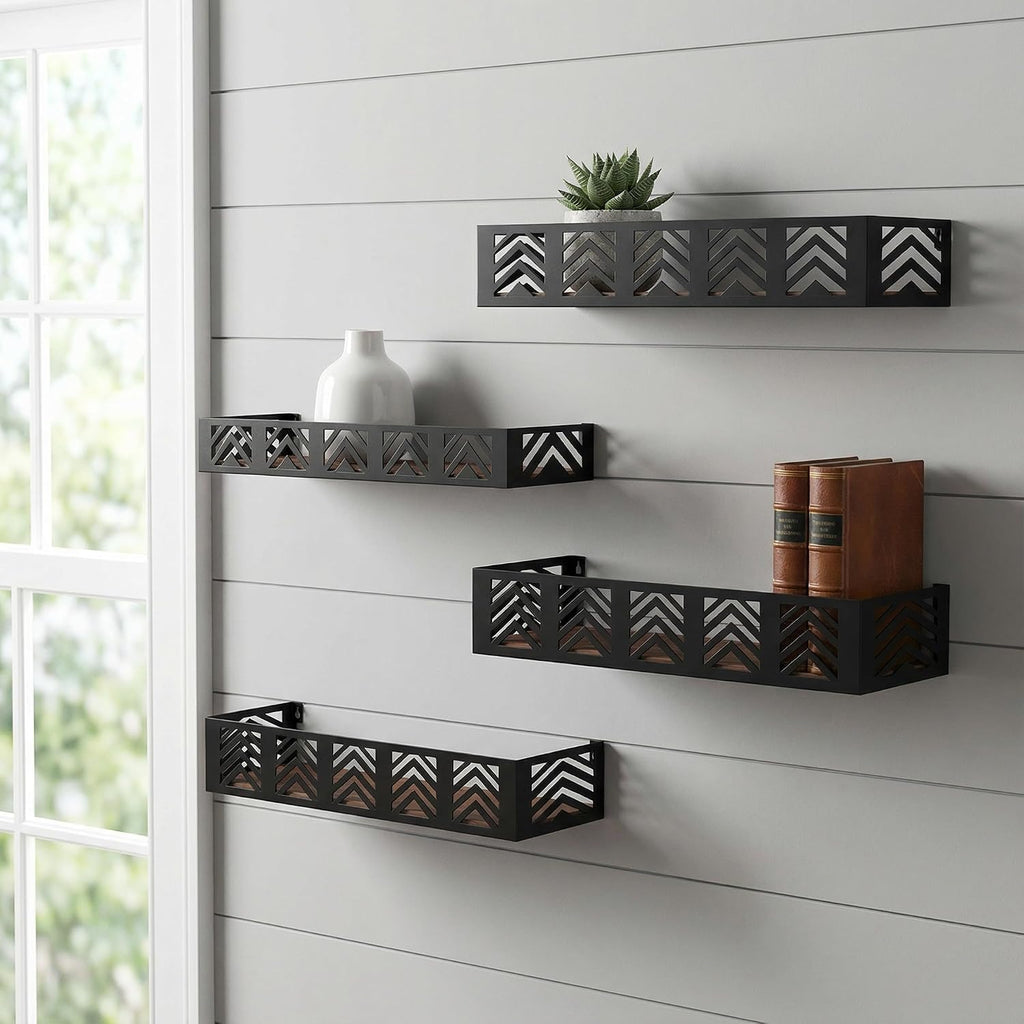 Floating Shelves Set of 4, Home Metal Wood Shelf, Black