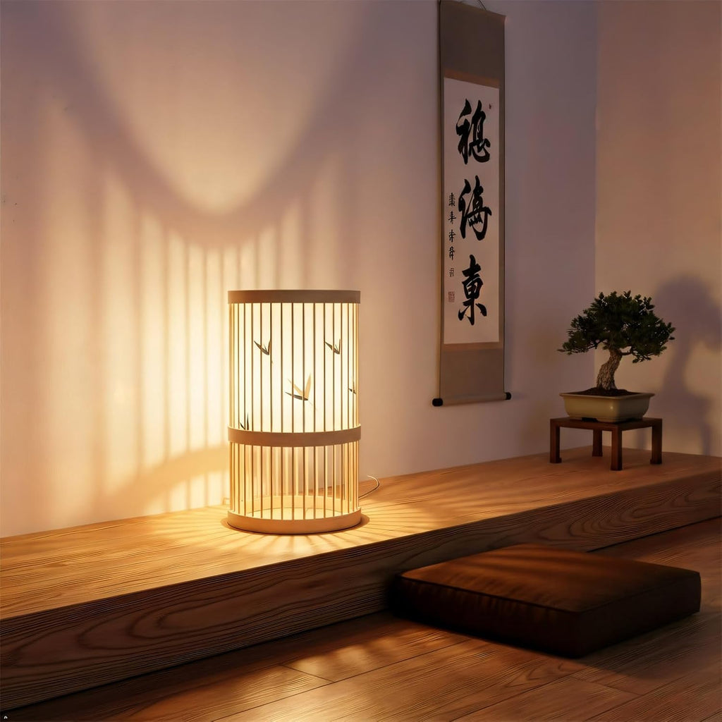 AFORTLO Table Desk Lamp,Janpandi Bamboo Boho Decorative Nightstand Night Light Japanese Hollow-Out Lamp Home Decor for Bedroom,Living Room,End Table or Office with Bulb(Bamboo Leaves)