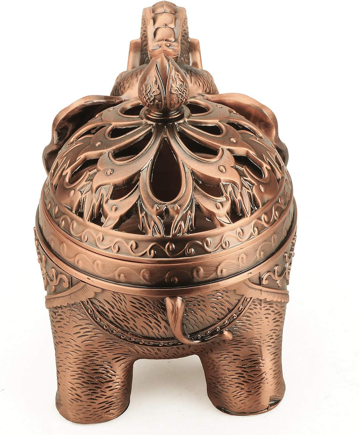 K COOL Alloy Incense Holder Stand Elephant Cone Coil Incense Burner Ash Catcher with Lid, Aromatherapy Ornament Home Decoration for Indoor Outdoor (Red Copper)