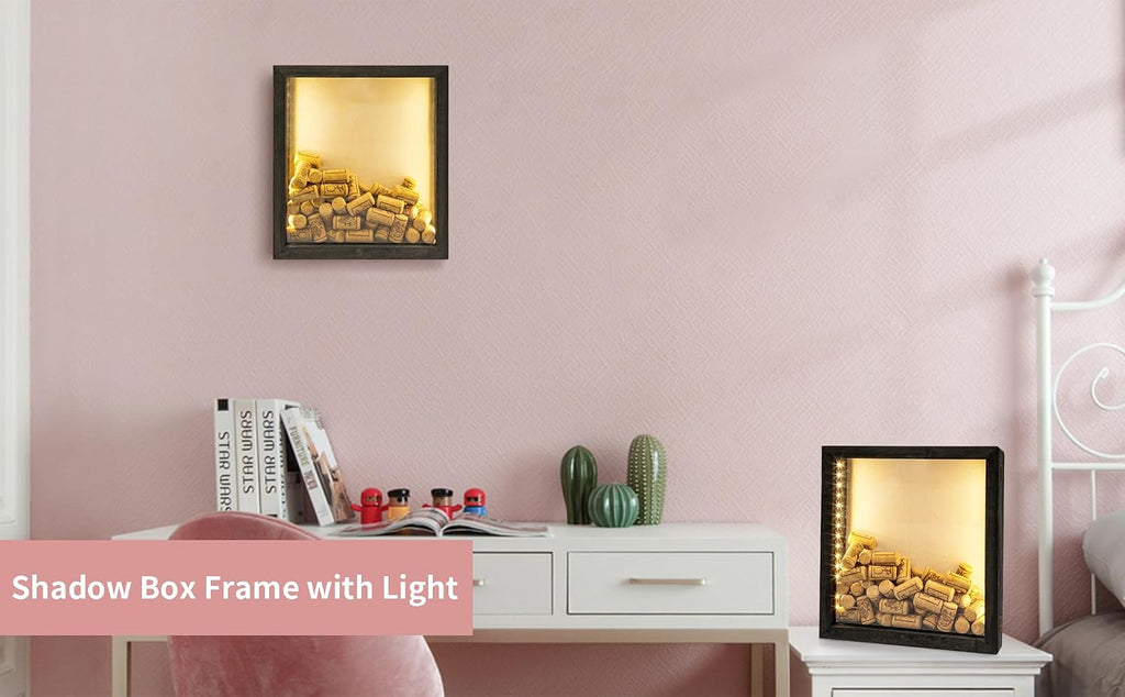 28x30cm LED Shadow Box Frame, Wooden Wine Cork Holder Display Case Built-in LED Lights Memory Keepsake Box for Wine Corks, Ticket Stubs, Photos, Medals & Memorabilia, Wall/Tabletop Mount