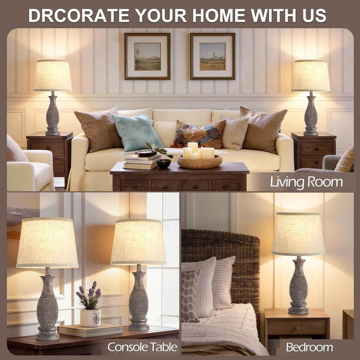 21.6" Bedside Lamps Set of 2, Resin Lamp for Bedroom Farmhouse Table Lamps