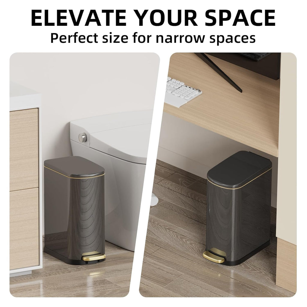 2.6 Gal Bathroom Trash Can with Soft Close Stay Open Lid, Small Rectangular 10L Stainless Steel Waste bin for Narrow Space, Waterproof, Titanium Black
