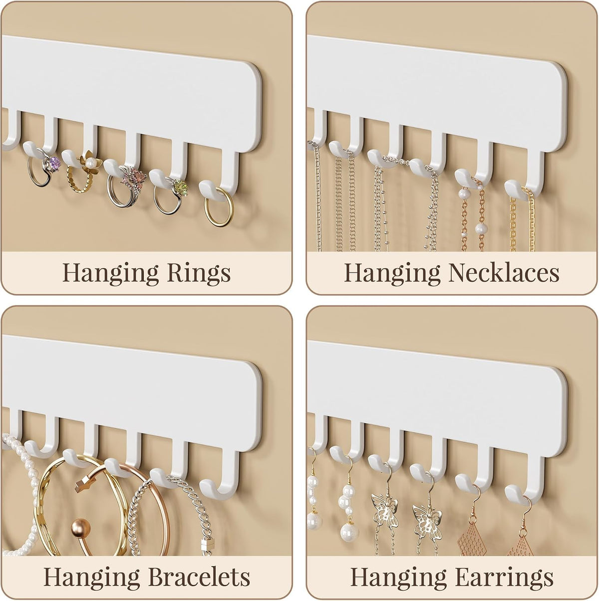 Wall-Mounted Jewelry Organizer, Self-Adhesive Hanging Holder with Hooks for Necklaces, Bracelets, Earrings - Display Storage for Women, 2PCS,White
