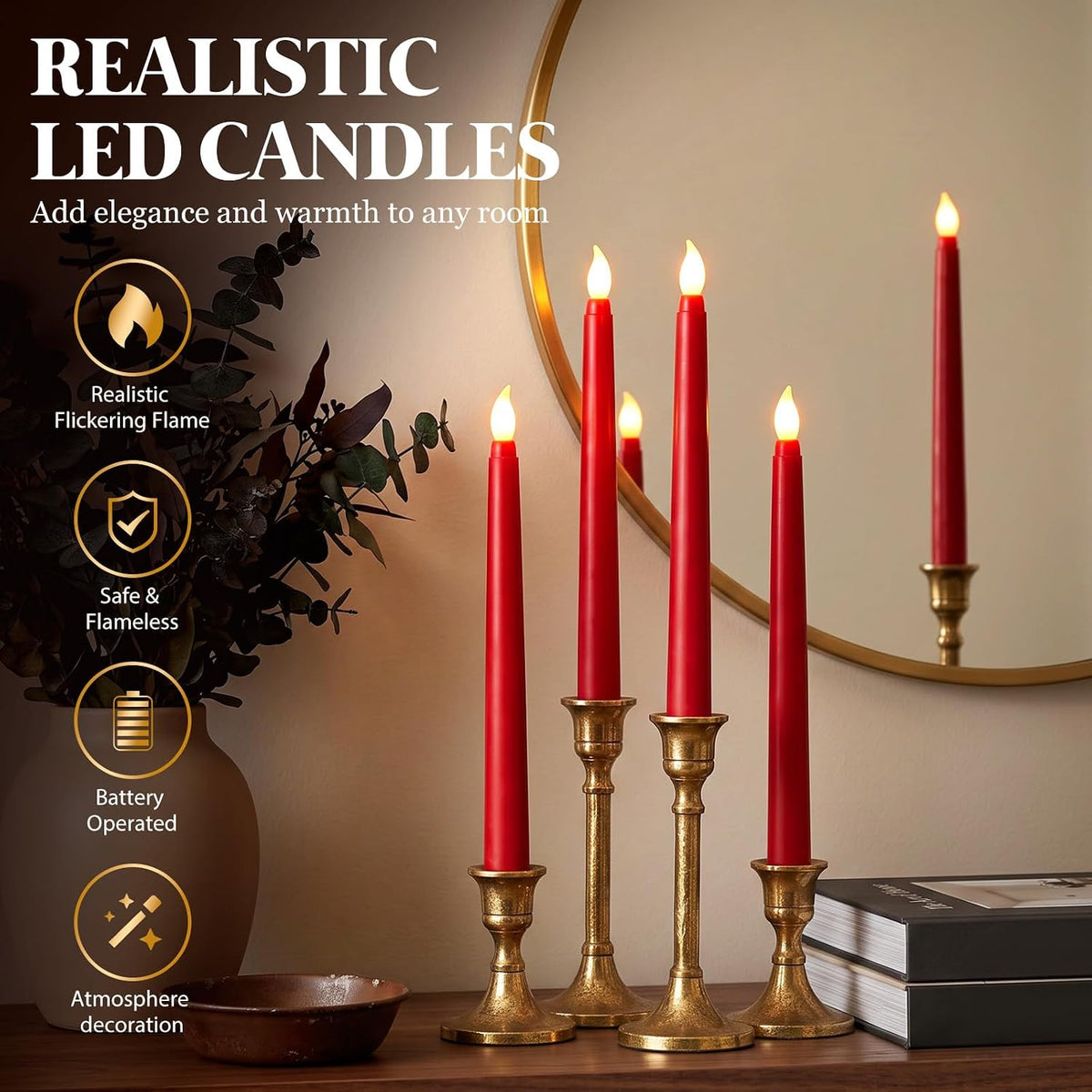 Baquler 50 Pcs 8.5 Inch LED Flameless Taper Candles Bulk, Red