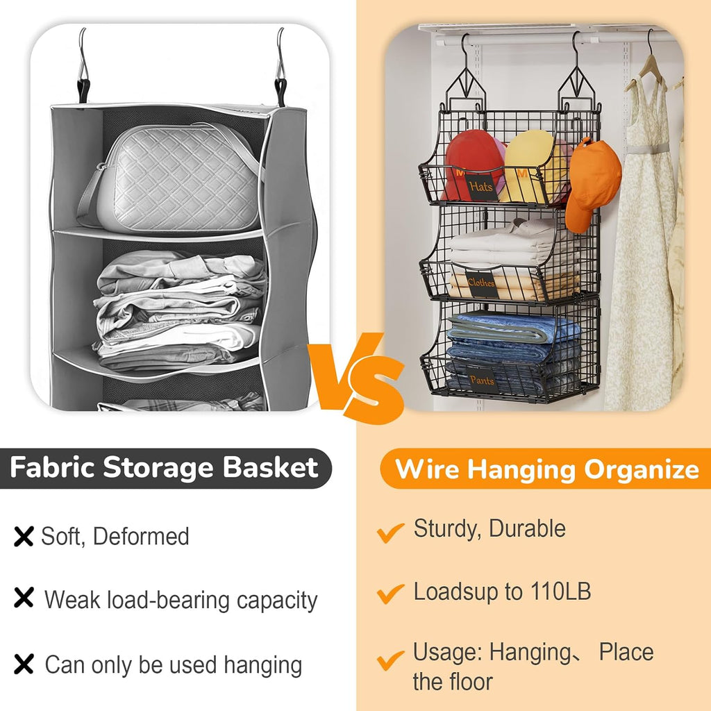 Hanging Closet Organizers and Storage, 5 Tier Closet Shelf Clothes Organizer with 2 S-Hooks, Multi-Functional Iron Wire Baskets, for Clothing, Sweaters, Handbags, Hat, Canned