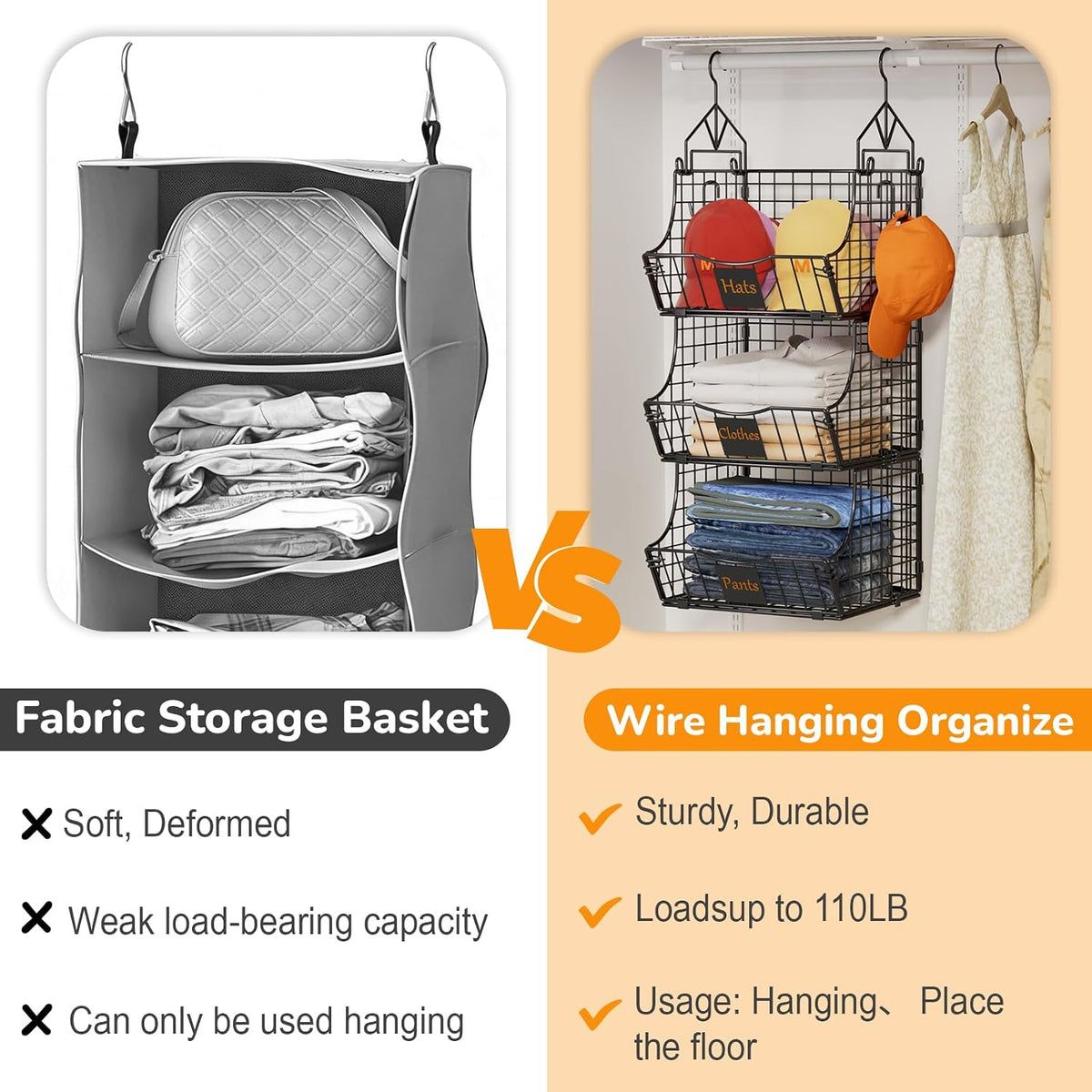 Hanging Closet Organizers and Storage, 5 Tier Closet Shelf Clothes Organizer with 2 S-Hooks, Multi-Functional Iron Wire Baskets, for Clothing, Sweaters, Handbags, Hat, Canned