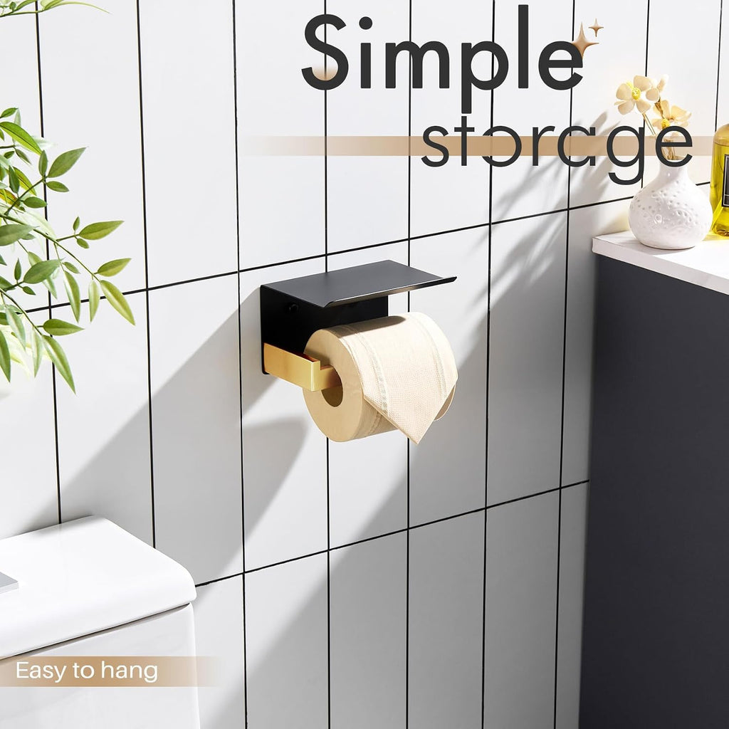 KOKOSIRI Toilet Paper Holders with Shelf Bathroom Toilet Paper Roll Holder Wall Mounted T-304 Stainless Steel, Matte Black and Gold B2010GDK (Pack of 2)