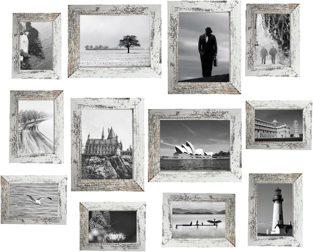 12 Pack Picture Frames Collage Wall Decor Gallery Wall Frame Set with Four 8x10,Four 5x7,Four 4x6 Photo Frames,Farmhouse wood Frames for living room Wall Gallery Decor or Tabletop Display,Rustic White
