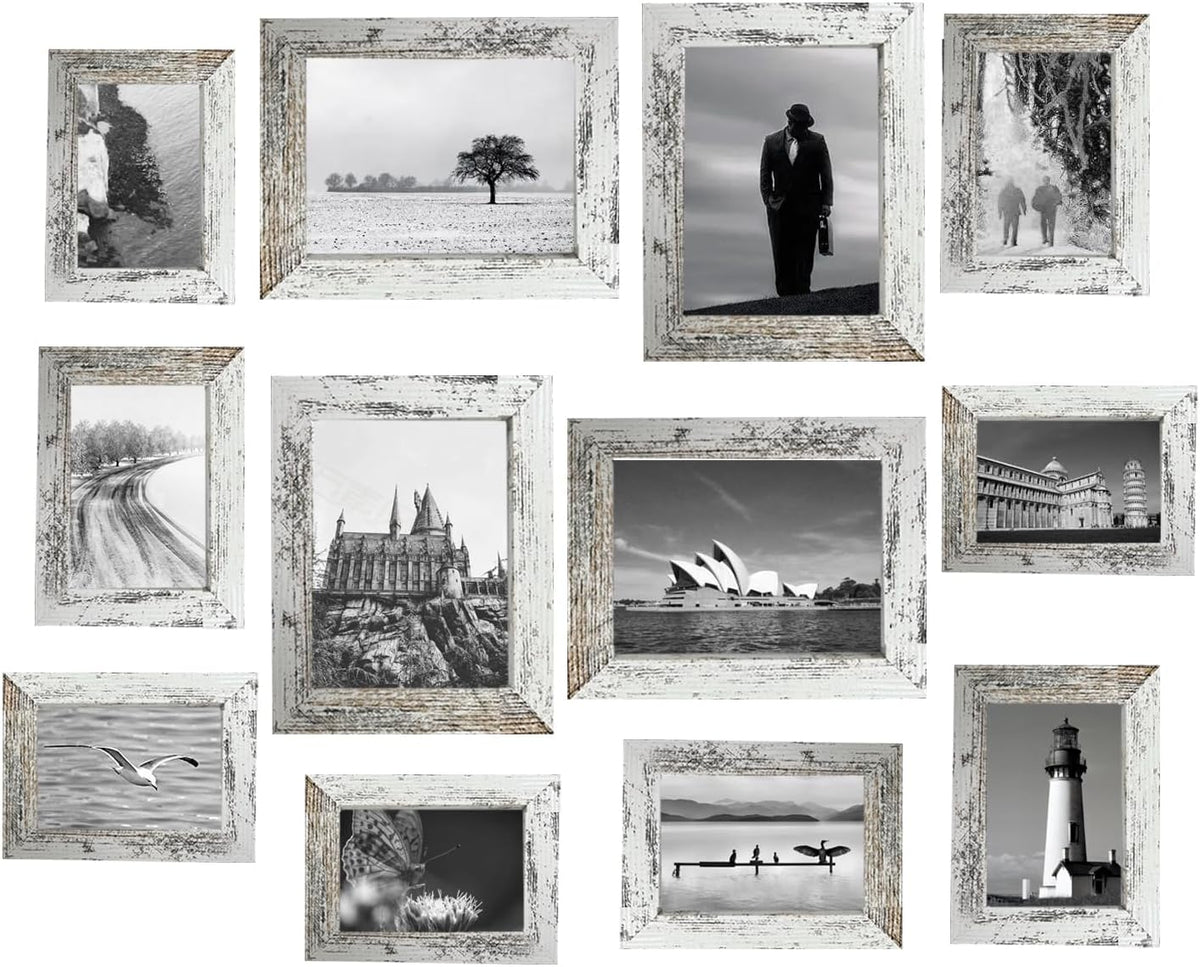 12 Pack Picture Frames Collage Wall Decor Gallery Wall Frame Set with Four 8x10,Four 5x7,Four 4x6 Photo Frames,Farmhouse wood Frames for living room Wall Gallery Decor or Tabletop Display,Rustic White