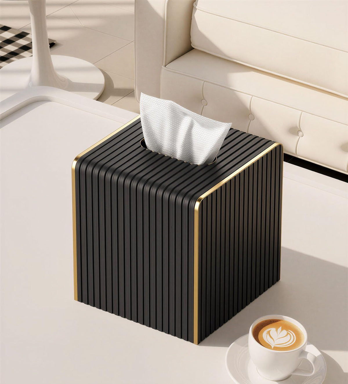 Tissue Box Cover Square with Magnetic Closure, PU Leather Tissue Box Holder with Gold-Tone Edging for Bathroom Vanity Countertop Night Stands Bedroom Office Desk, Modern Home Decor (Blacks)