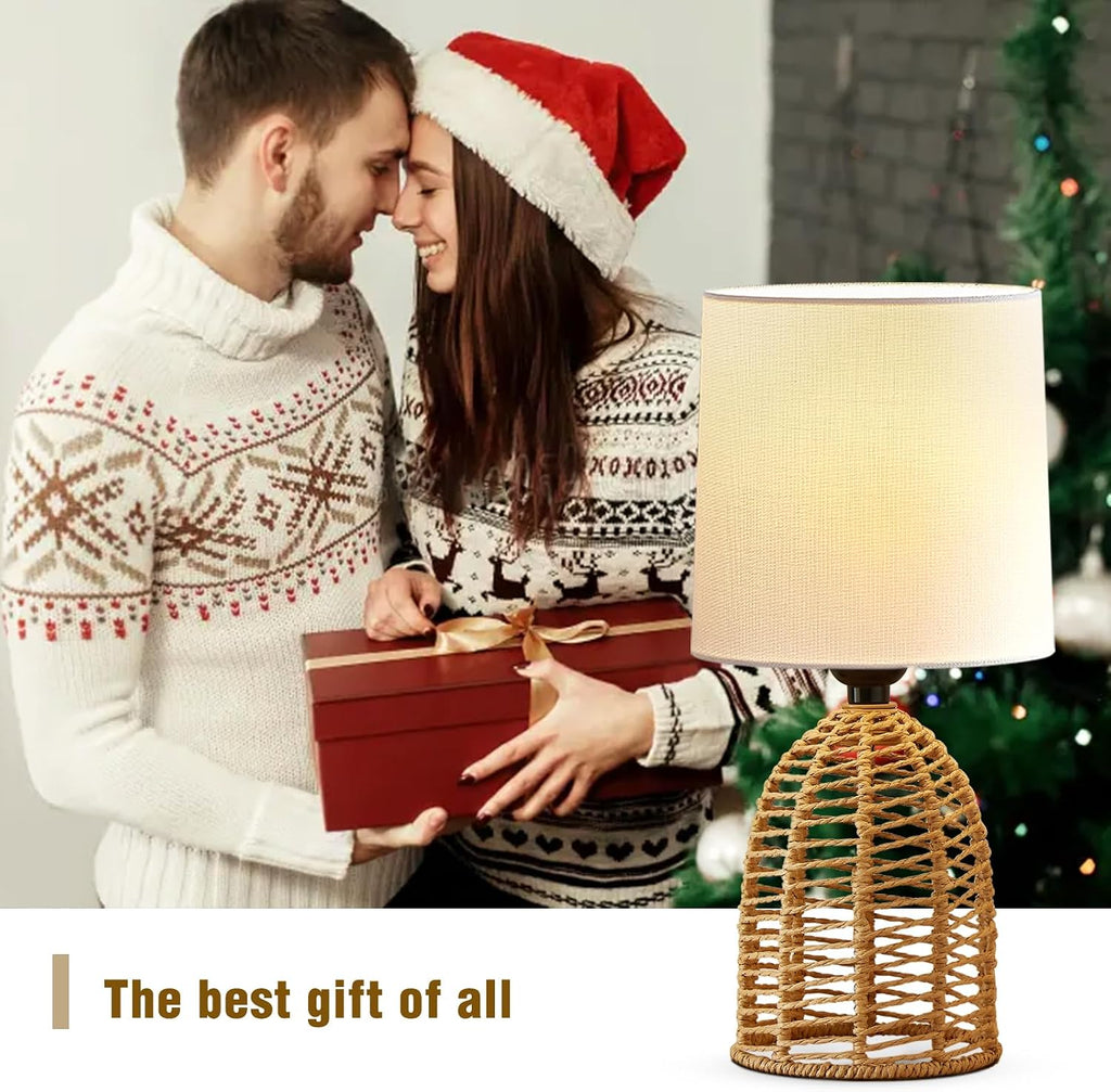 EJIAXIN Small Table Lamp -13.75" Boho Rattan Lamp - Bedside Farmhouse Lamps