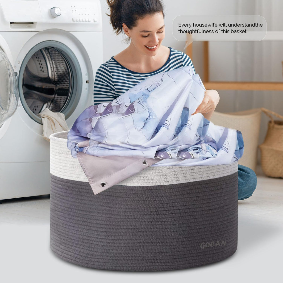 Cotton Rope Woven Laundry Basket 22"X 22"X 14" with handles(Grey/Beige)XXXL