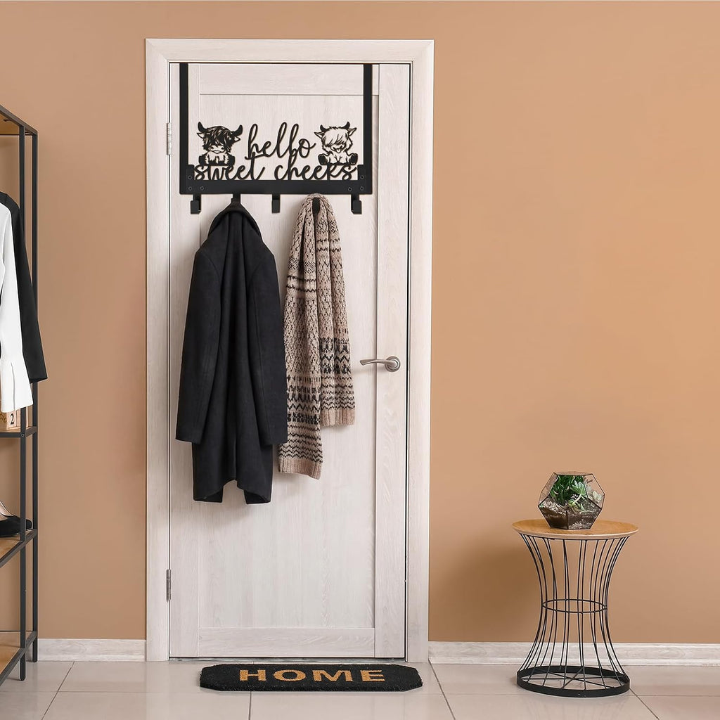 Kathfly Cute Highland Cow Over Door Towel Rack 5 Hooks Black