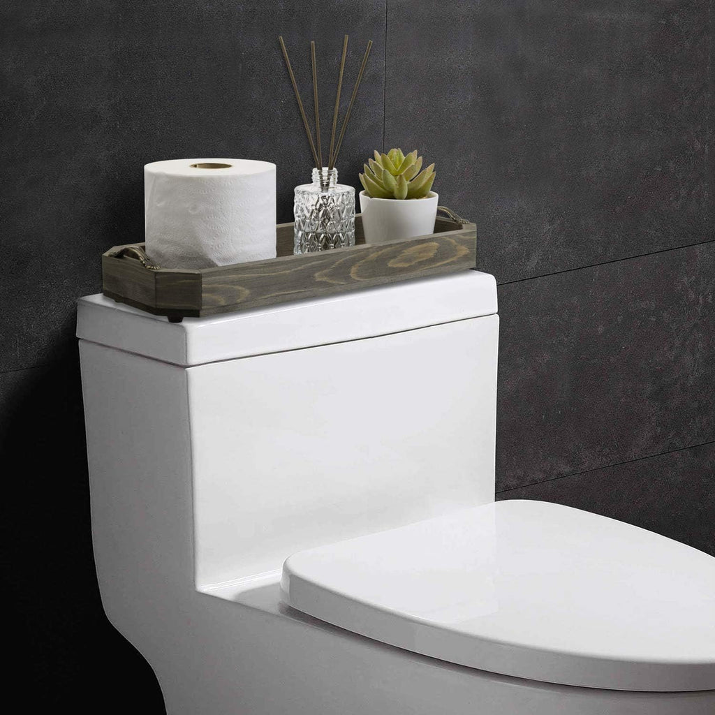 MyGift Rustic Gray Wood Vanity Tray, Toilet Tank Organizer with Handles
