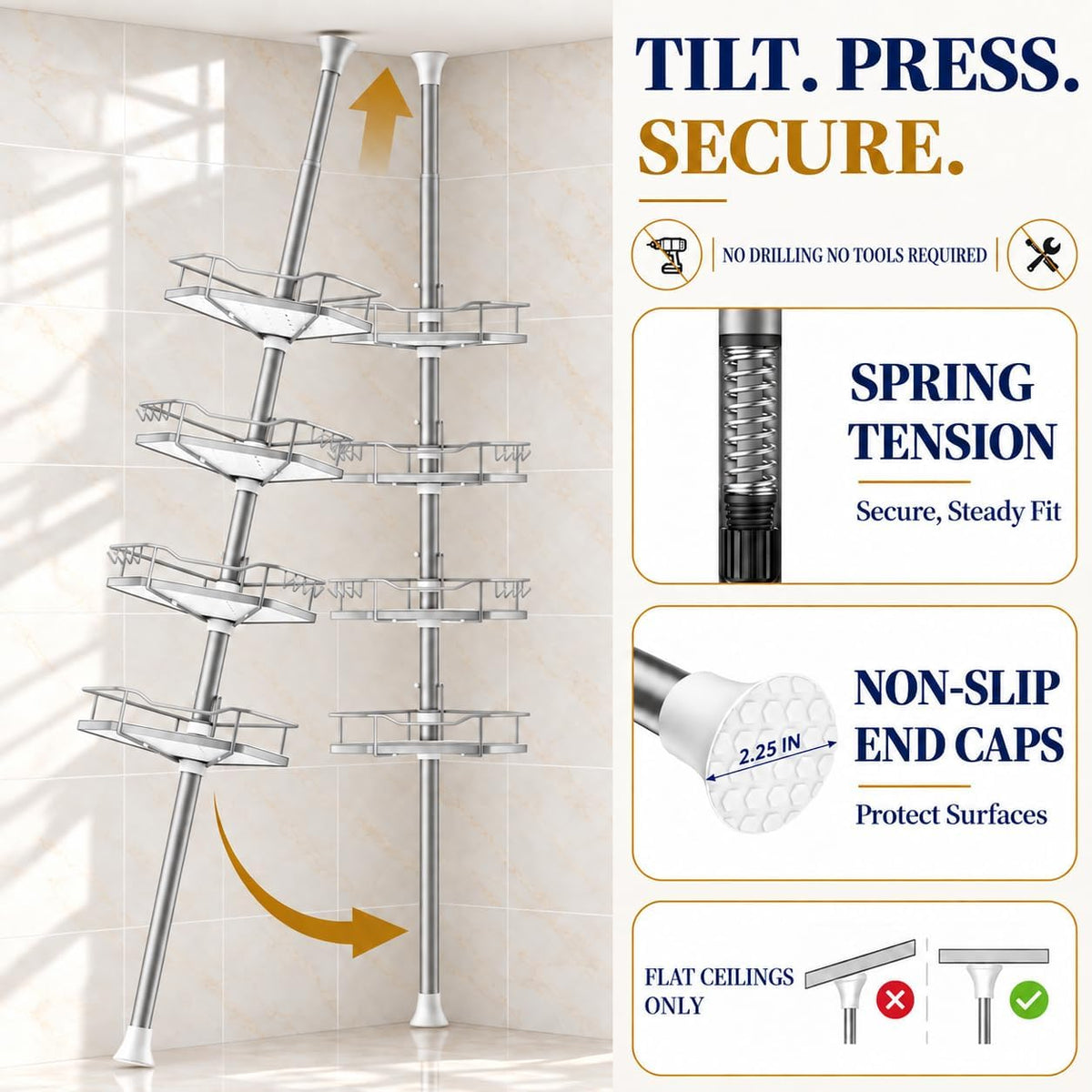 SEIRIONE Rustproof Corner Shower Caddy Tension Pole for Shampoo Holder