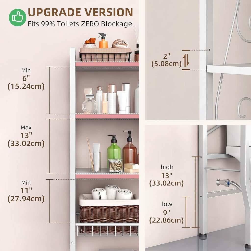 Over-The-Toilet Storage Rack 4-Tier,Bathroom Organizer Shelf Over Toilet,Adjustable Wooden Shelves and Basket,Freestanding Above Toilet Shelve,Space Saver for Rooms(White Rack-White Shelves)