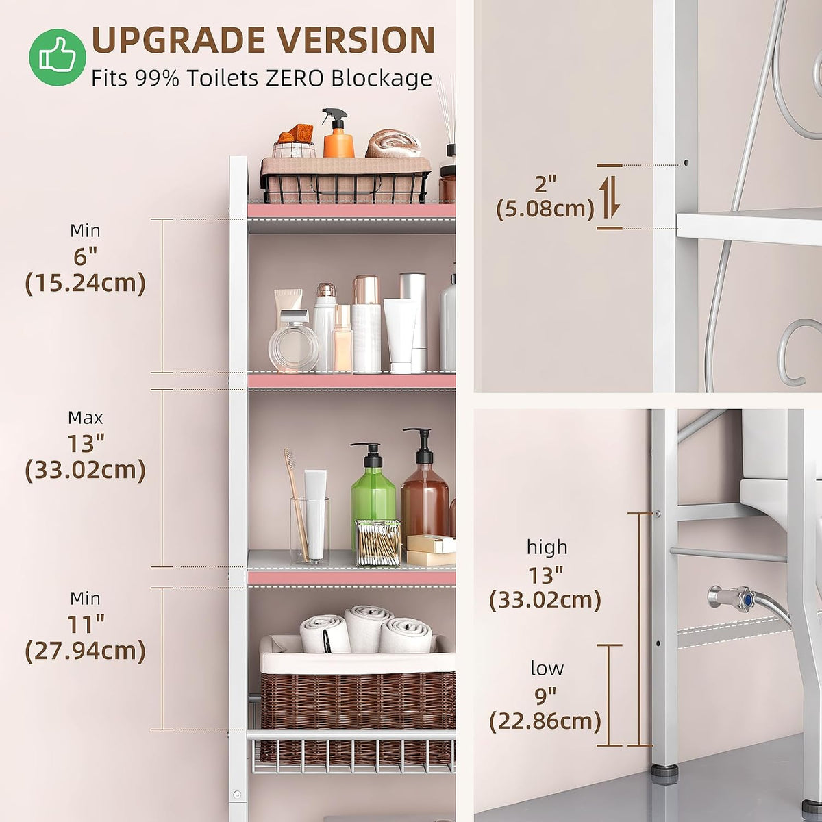 Over-The-Toilet Storage Rack 4-Tier,Bathroom Organizer Shelf Over Toilet,Adjustable Wooden Shelves and Basket,Freestanding Above Toilet Shelve,Space Saver for Rooms(White Rack-White Shelves)