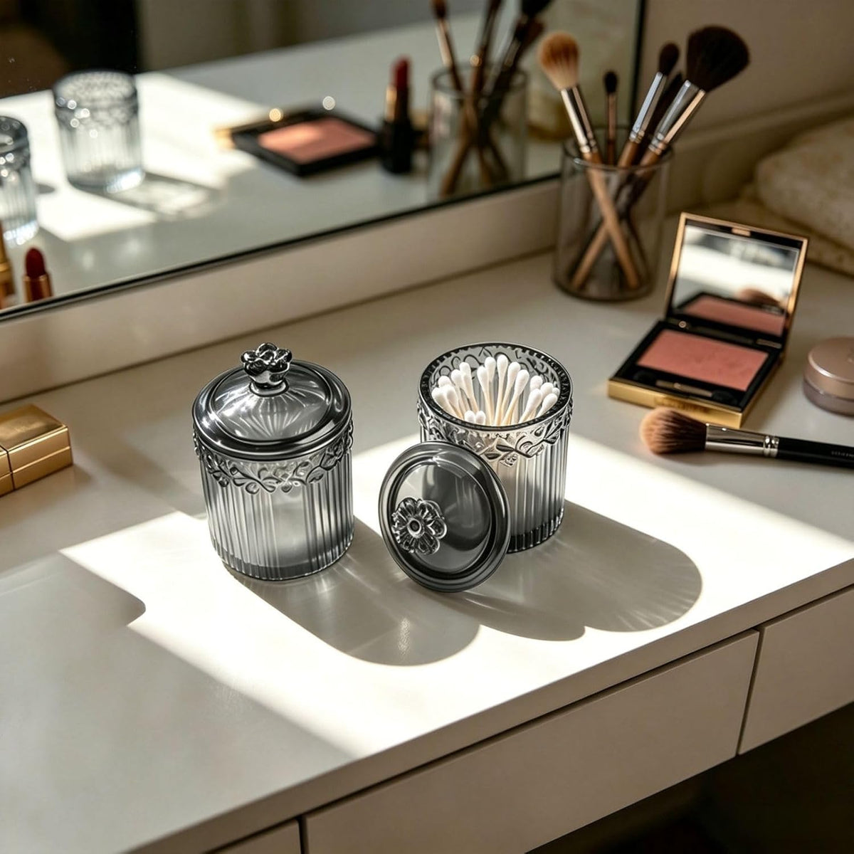 2 Pack Qtip Holder Thick Glass Apothecary Jars with Lid for Bathroom, Cotton Swab and Round Organizer, Vanity Storage Canisters for Makeup Pads, Floss (Gray)