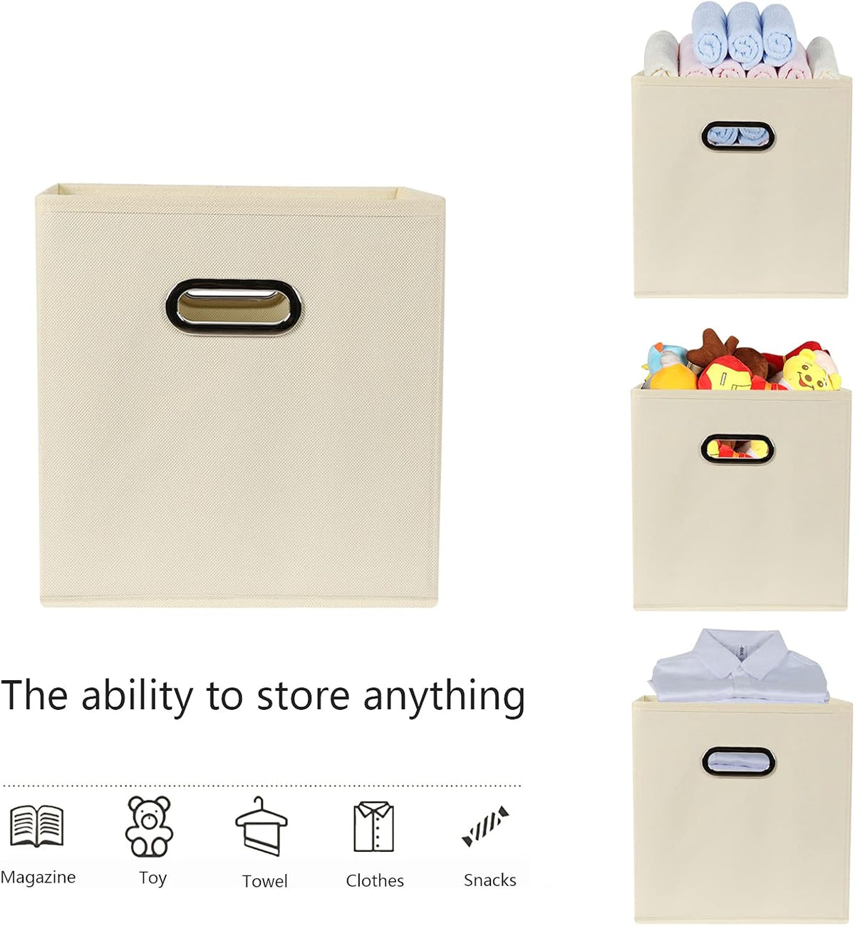 Yunkeeeper storage bins Cubes, Fabric Cube Organizer with Handle, Foldable Cube Bins for Cloth or Accessary Storage, 11x11x11, Set of 6, (Creamy White)