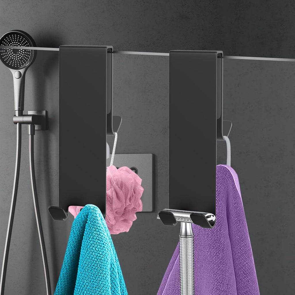 Double-Sided Over The Door Hooks 2-Pack - for Frameless Glass Showers, Heavy Duty No Drill Organizer for Towels Robes, Space Saving Black