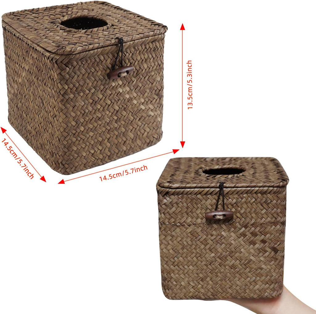 Seagrass Tissue Box Cover,Square Tissue Box with Lid, Woven Tissue Box Holder, Rustic Tissue Holder for Bathroom Vanity Toilet Living Room Bedroom Kitchen Office Car, Coffee