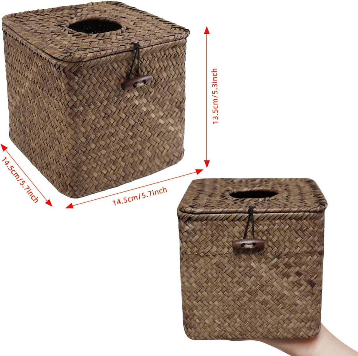 Seagrass Tissue Box Cover,Square Tissue Box with Lid, Woven Tissue Box Holder, Rustic Tissue Holder for Bathroom Vanity Toilet Living Room Bedroom Kitchen Office Car, Coffee