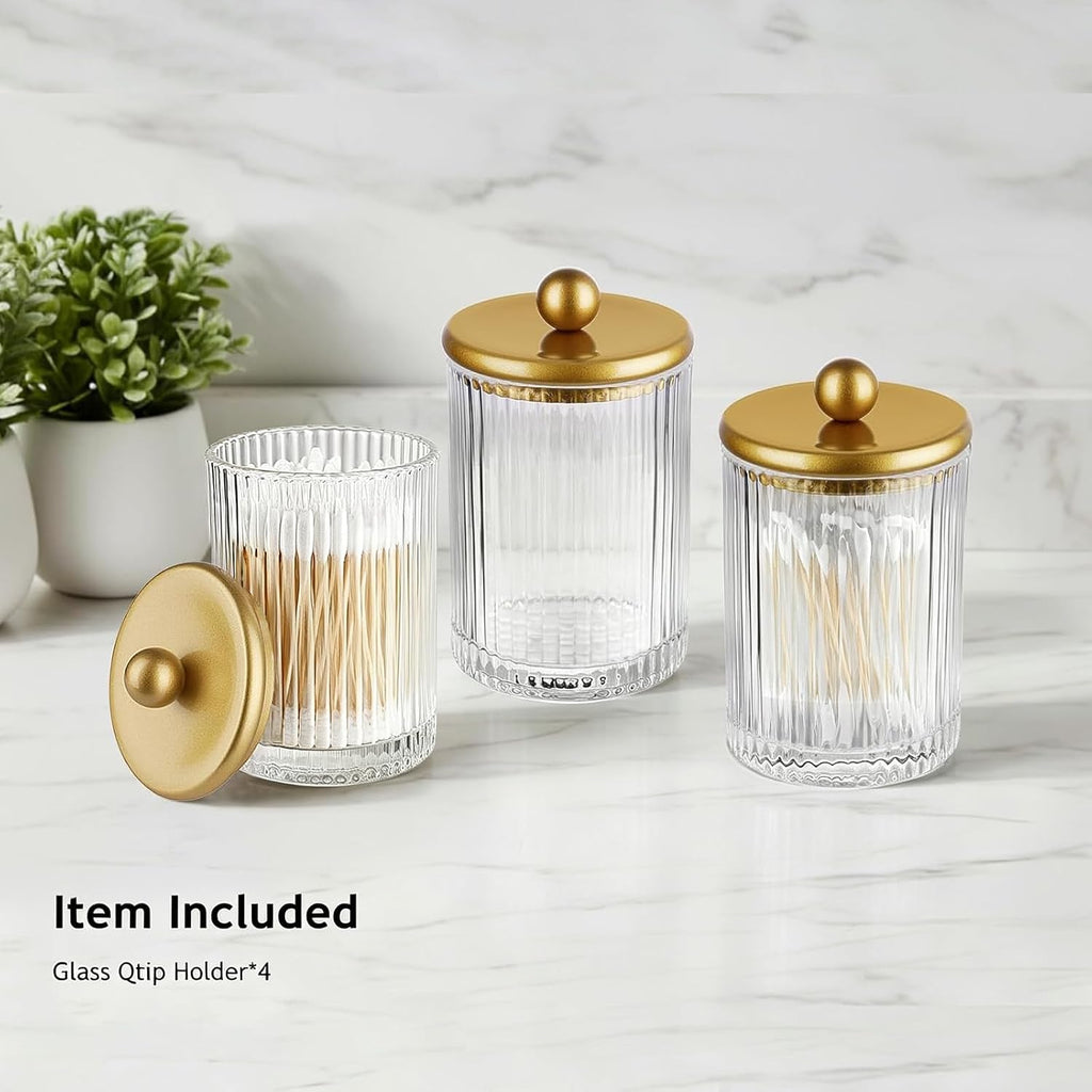 SheeChung 4 Pack Gold Ribbed Glass Qtip Holder with Metal Lids