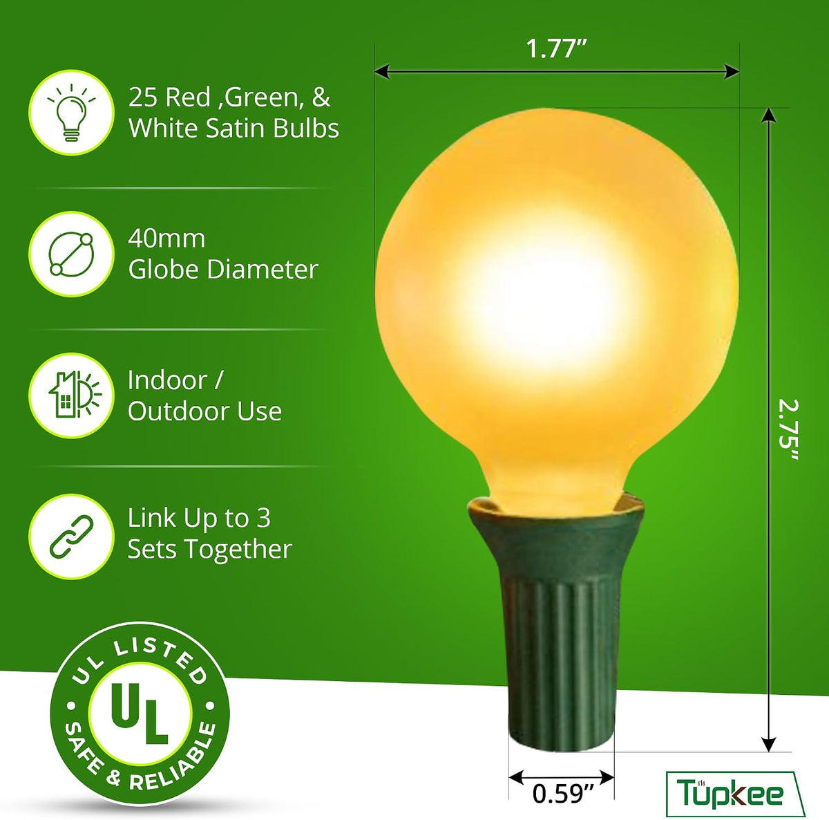 G40 Globe Christmas Tree Lights, Red Green Clear Bulbs, 24 Ft String