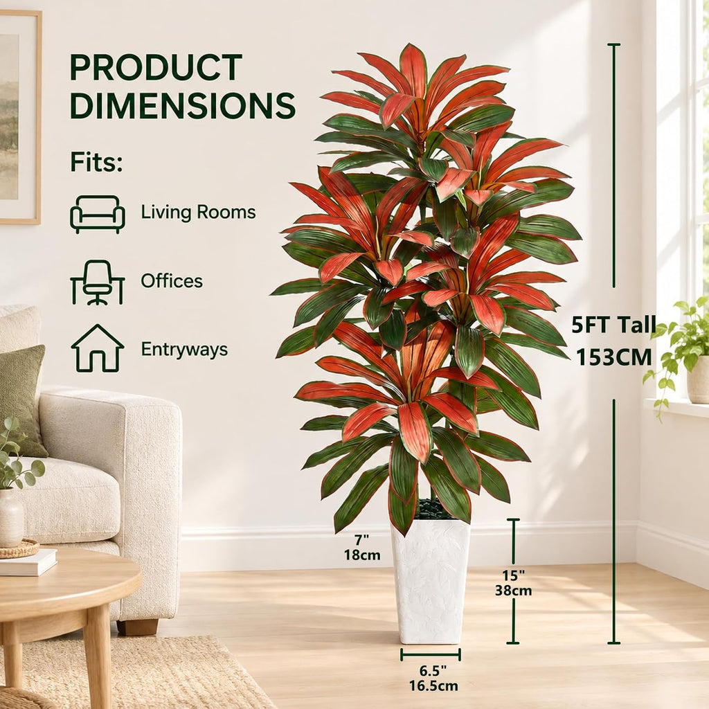 Artificial Dracaena Tree Red, 5FT Fake Plants White Planter