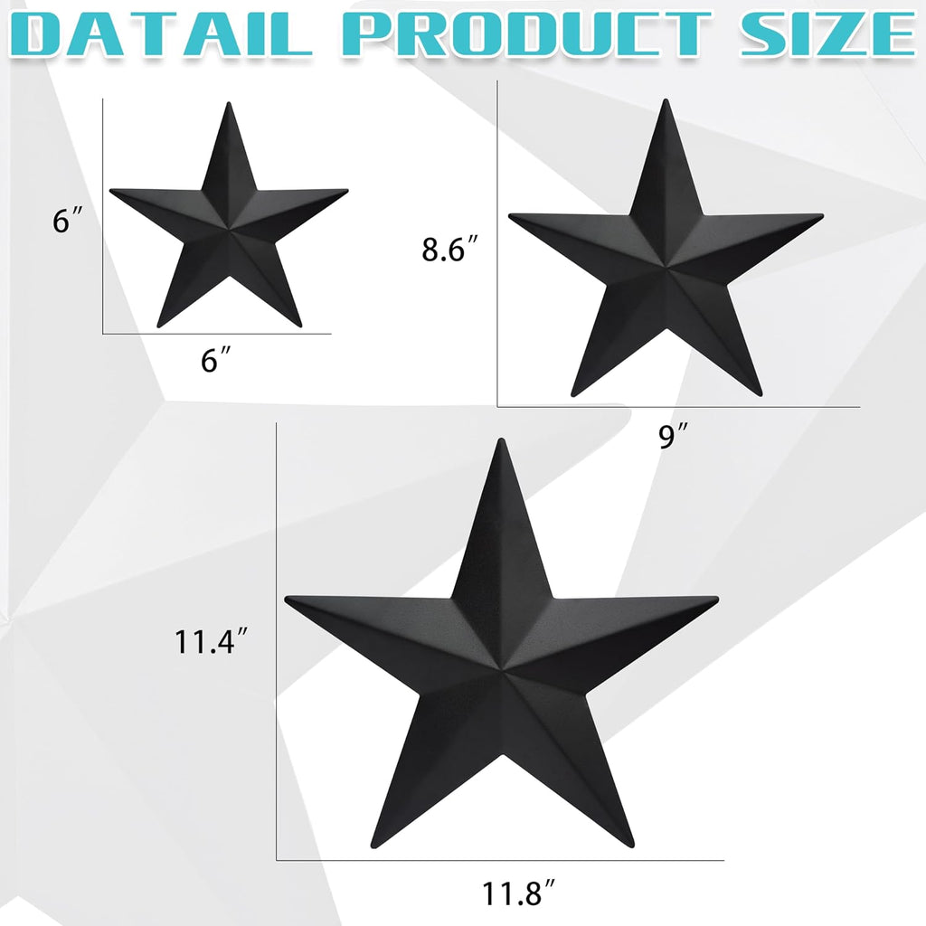 JoyEvy 6" 9”12"（3pieces Black Barn Star Wall Decor,Metal Stars Rustic Vintage Western Country Farmhouse Home Indoor or Outdoor Wall Decoration,Texas Stars for House Art Décor