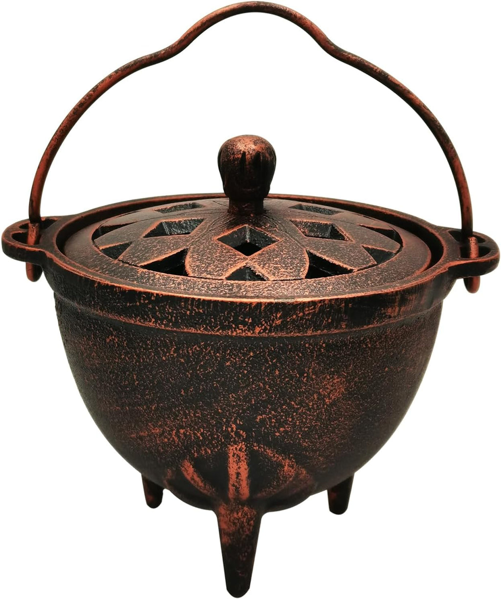 YIMIFLA Incense Burner Holder with Lid and Handle Cast Iron Cauldron 4.9" Frankincense Resin Charcoal Incense Burner Great for Yoga, Spa Aromatherapy, Smudging, Ritual & Blessings (Red Bronze)