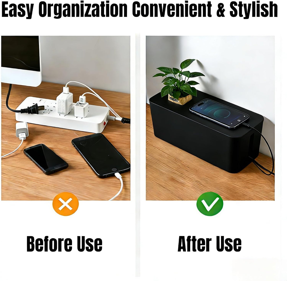1Large+1Small Cable Organizer Set with 4 Silicone Cable Ties, 2-Piece Cable Management Box, Acrylic Lid Cord Organizer for Home Office,Set of Two Cable Box,Cable Organizer Box(Acryliclid lid/Black)