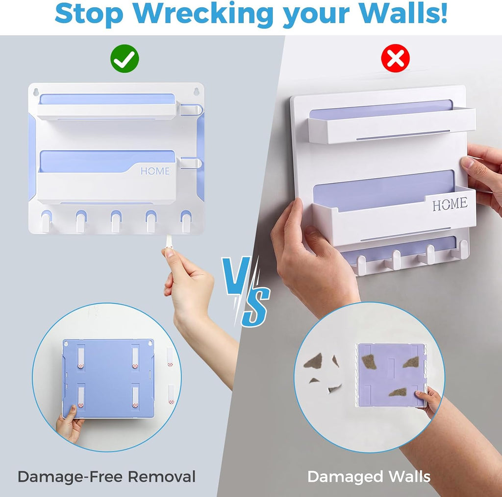 Bedside Shelf Wall Mount, Adhesive Bedside Shelf Accessories Organizer with Hooks and Cable Clips,Dorm Bedside Wall Storage for Phone, Remote, Earphone, Kindle,Plastic(White)