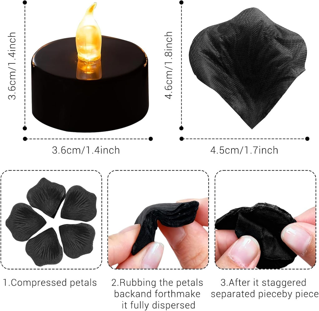 500 Pcs Rose Petals with 12 LED Tea Lights Candles Set, Artificial Black Rose Petals and Black Flameless Candles Set for Anniversary, Valentine's Day, Wedding, Party Home Decor