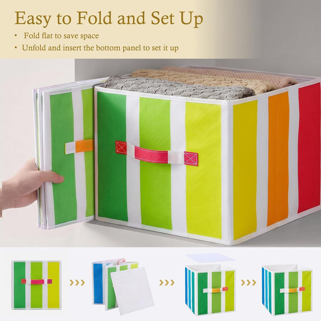 6 Pcs 11 Inch Colorful Stripes Cube Storage Bins Collapsible Storage Organizer with Handles Fabric Container Baskets for Closet Clothes Toys Book Room Home Organization