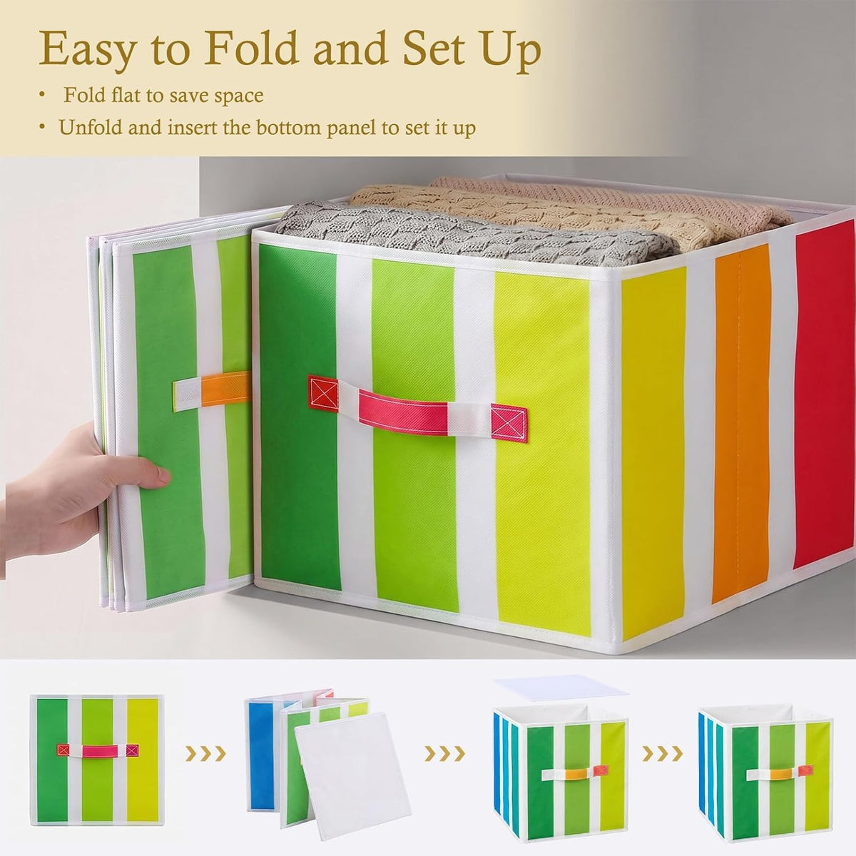 6 Pcs 11 Inch Colorful Stripes Cube Storage Bins Collapsible Storage Organizer with Handles Fabric Container Baskets for Closet Clothes Toys Book Room Home Organization